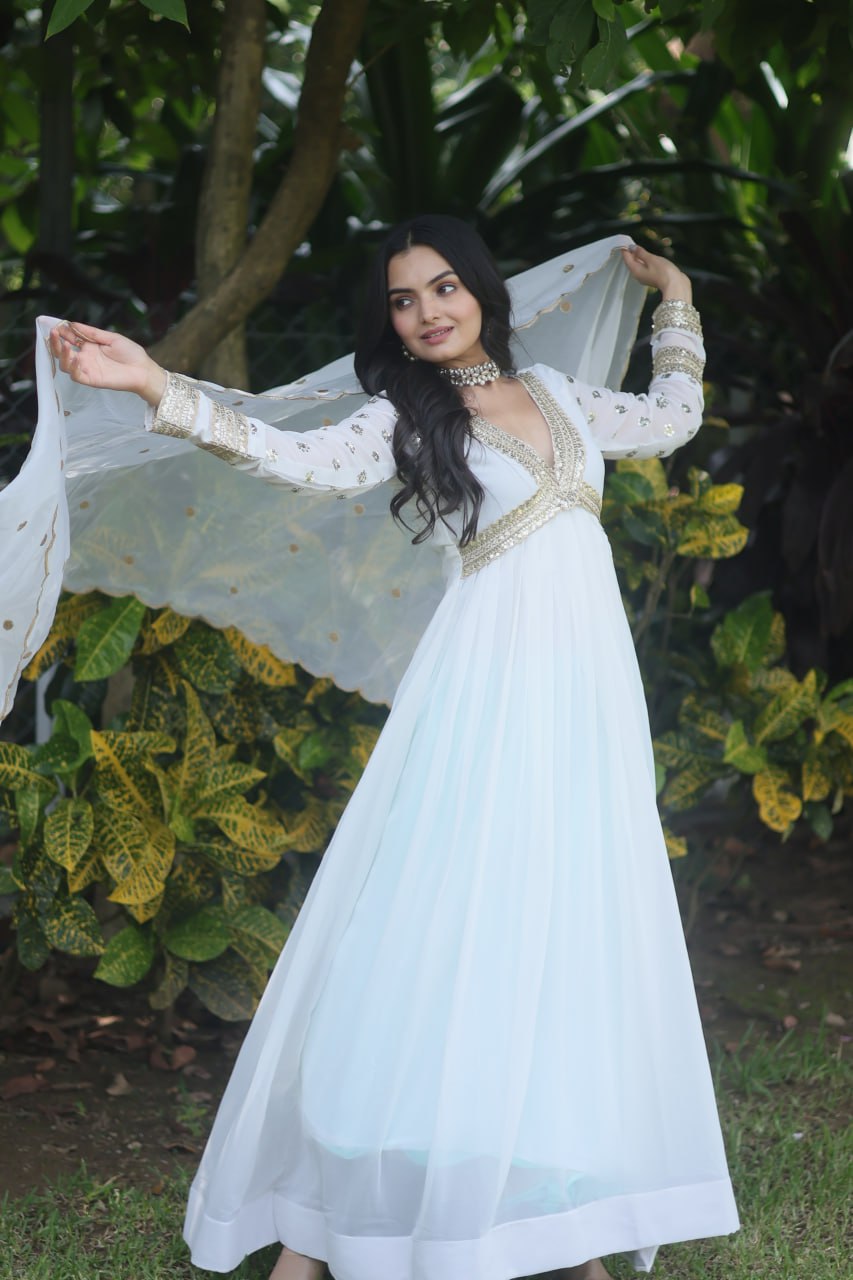 Ethereal White Embellished Anarkali Gown For Festive Wear