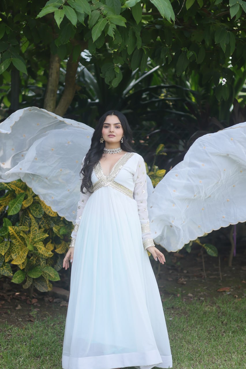 Ethereal White Embellished Anarkali Gown For Festive Wear