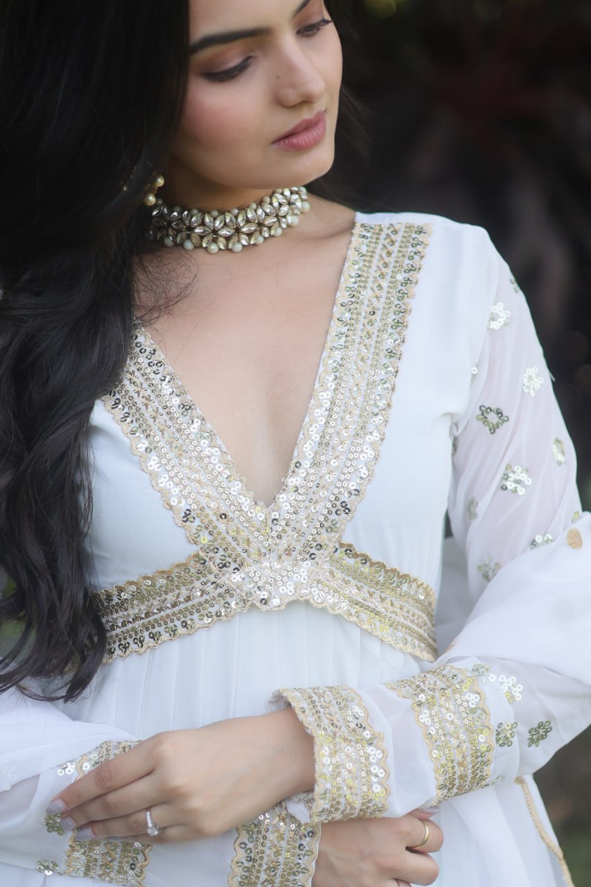 Ethereal White Embellished Anarkali Gown For Festive Wear