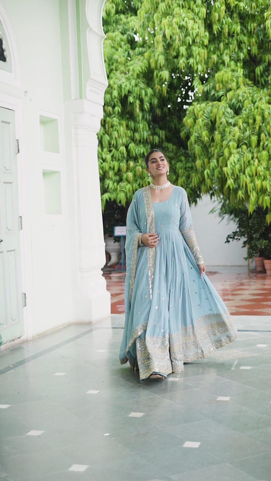Sky Blue Georgette Anarkali Suit with Golden Embroidery & Dupatta