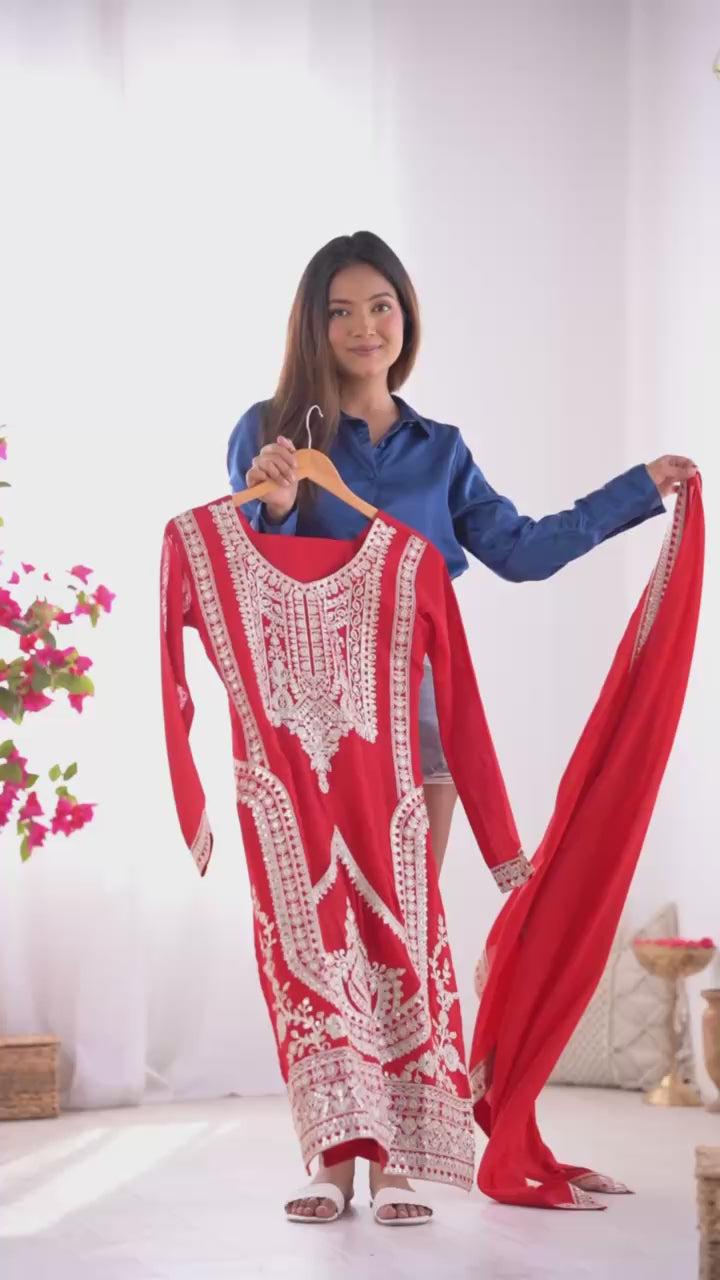 Fancy Dori Work Red Silk Wedding Palazzo Suit With Dupatta