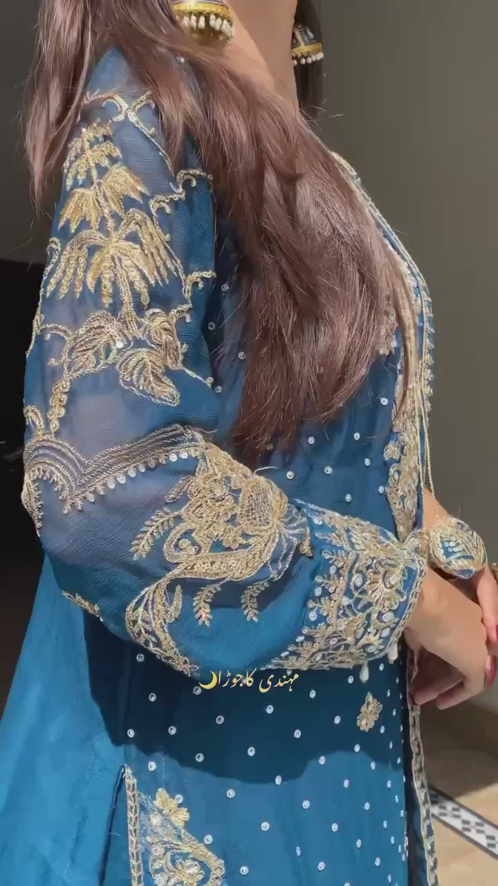 Teal Blue Heavy Embroidered Sharara Suit with Dupatta – Wedding & Festive Designer Set