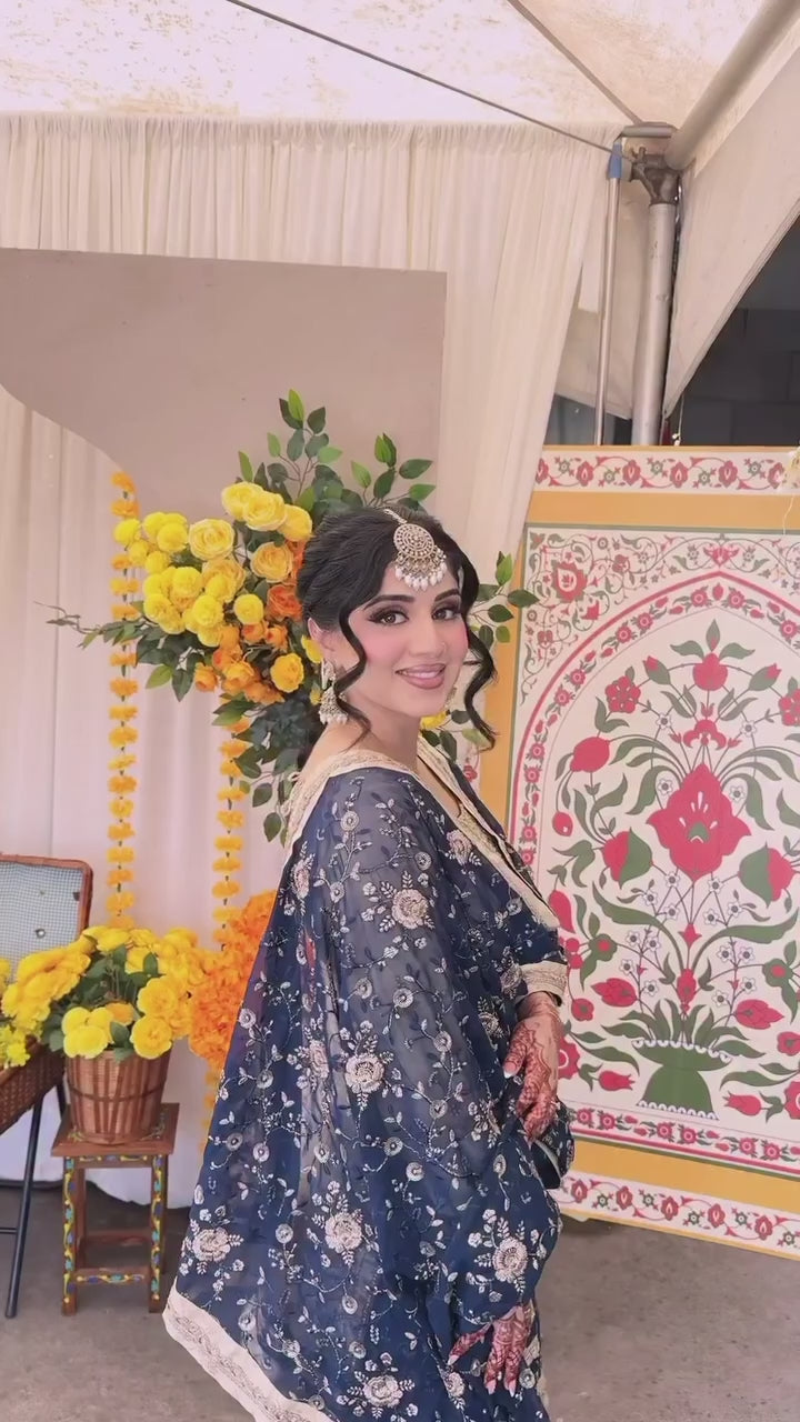 Ivory & Navy Blue Embroidered Kurta Set with Dupatta For Festive Wear