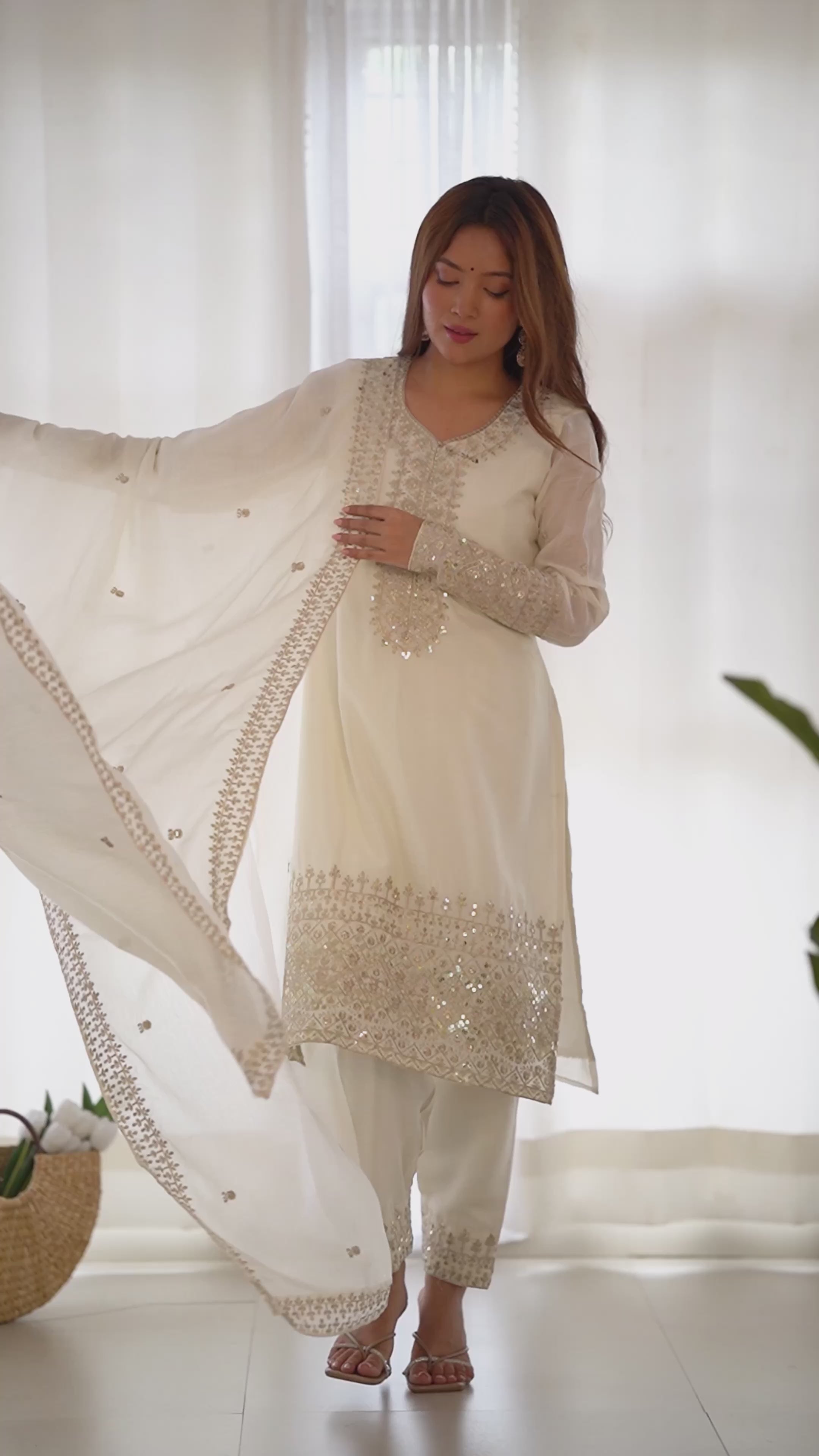 Heavy Designer White Sequins Chinon Silk Traditional Pant Suit