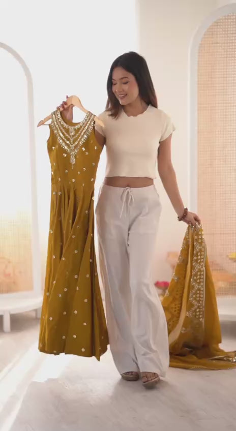 Mustard Yellow Embroidered Anarkali Kurta Set with Dupatta For Festive Wear