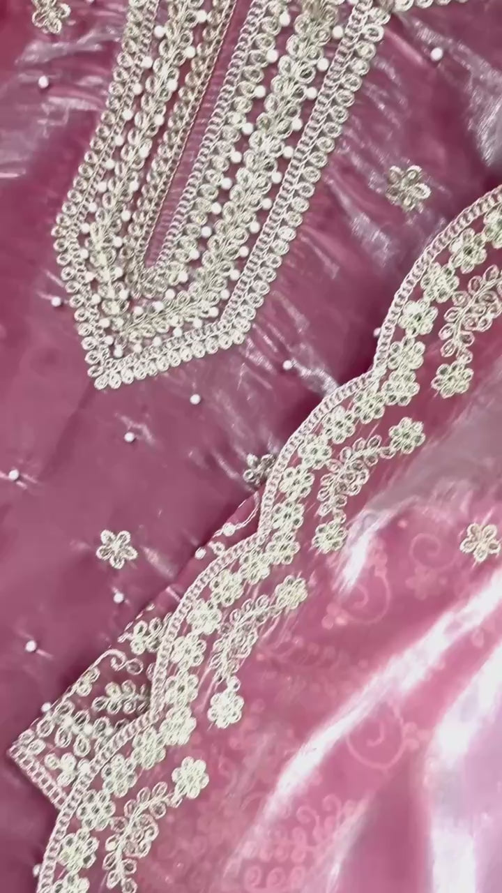 Dusty Rose Pink Embroidered Kurta Palazzo Set with Dupatta For Festive Wear@#$%^&*(12345678