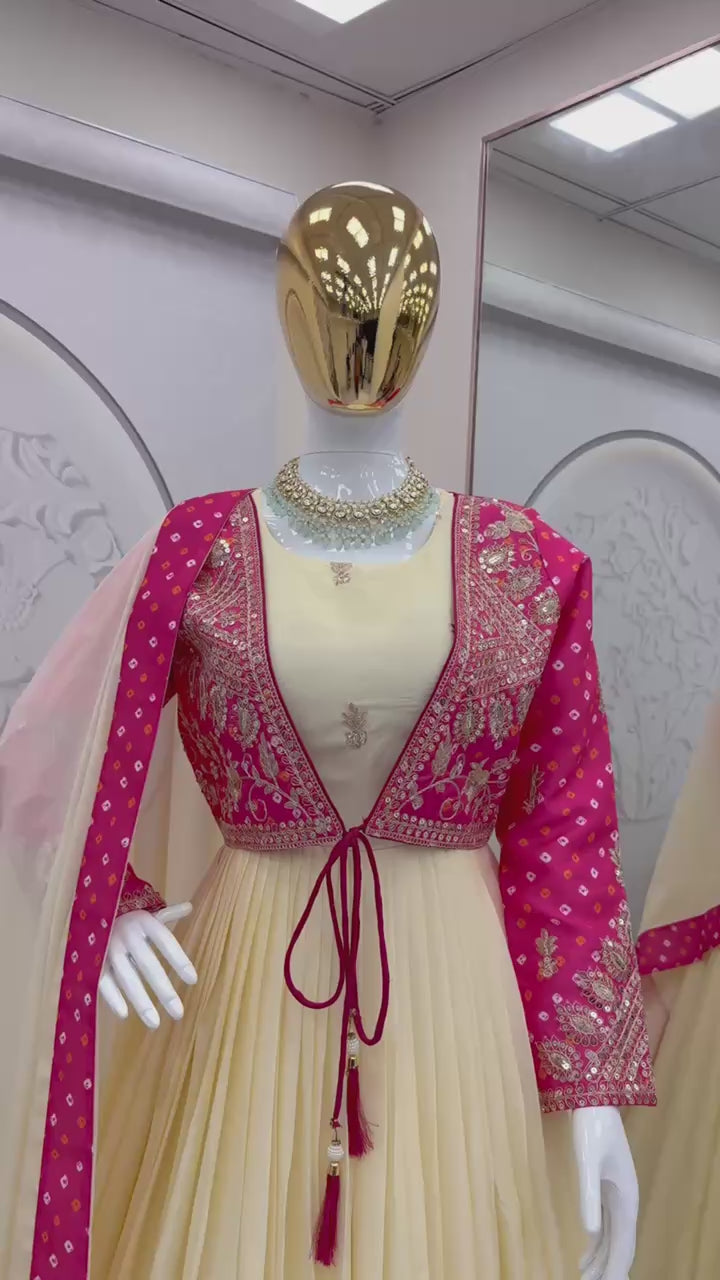 Festive Ivory & Rani Pink Anarkali Dress with Embroidered Jacket For Festive Wear