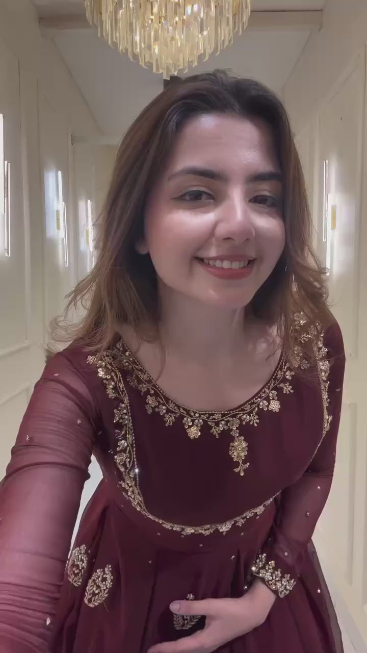 Maroon Embroidered Anarkali Gown with Dupatta  Elegant Party & Festive Wear For Women