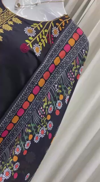 Black Floral Embroidered Roman Kurta Set For Women