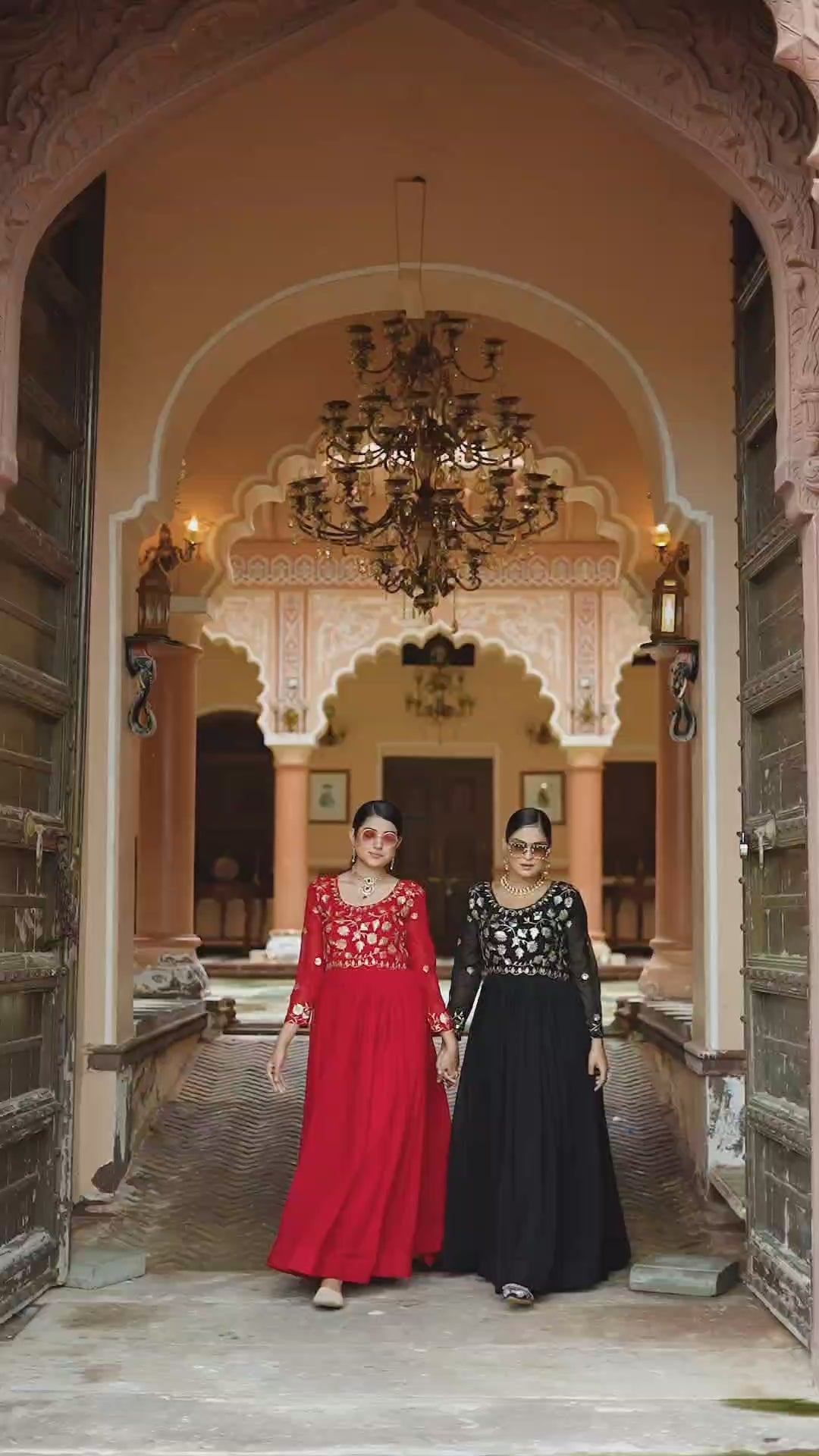 Rust Orange Georgette Embroidered Anarkali Gown with Full Sleeves