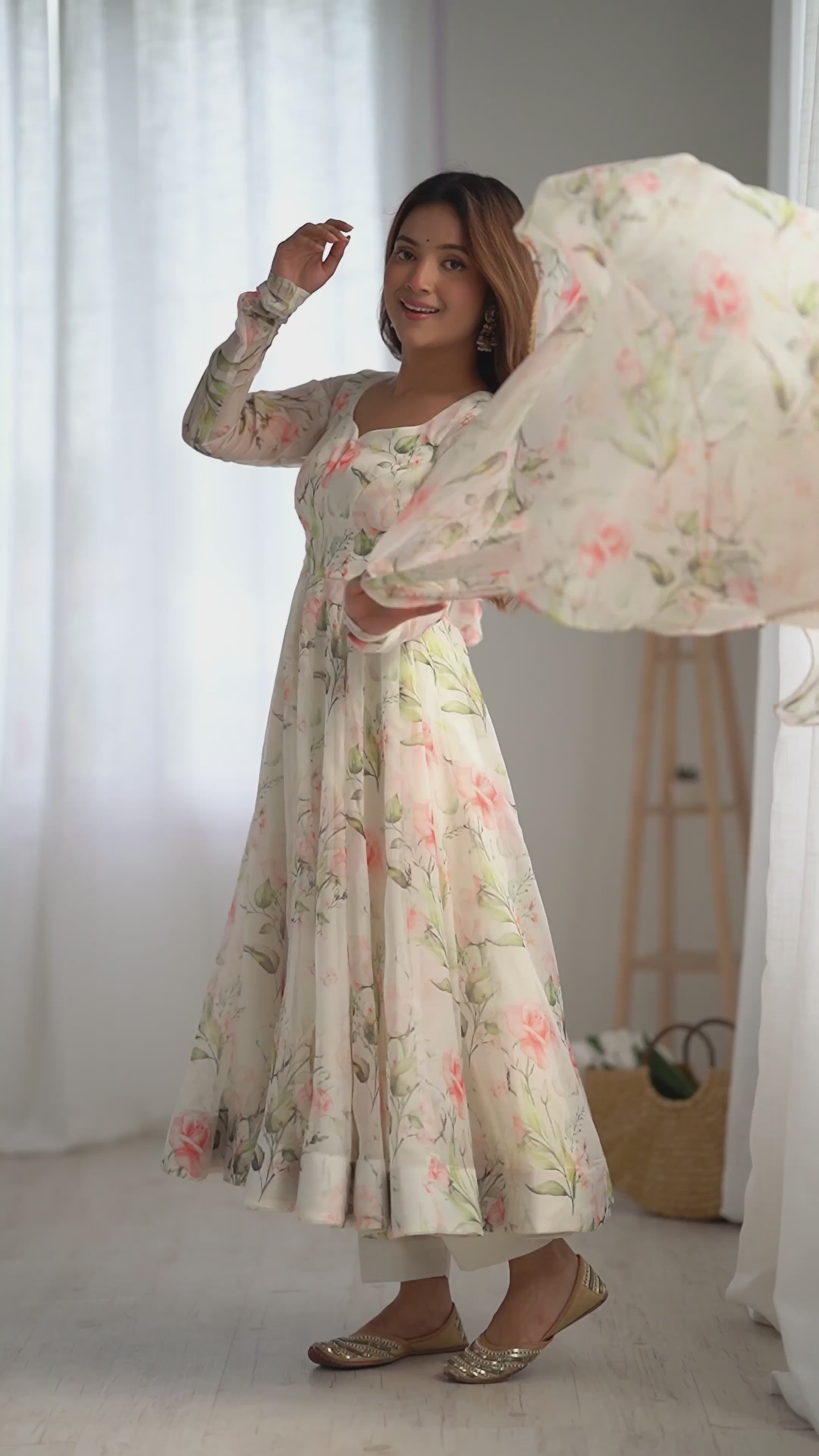 Fancy Off White Floral Printed Organza Anarkali Suit For Women