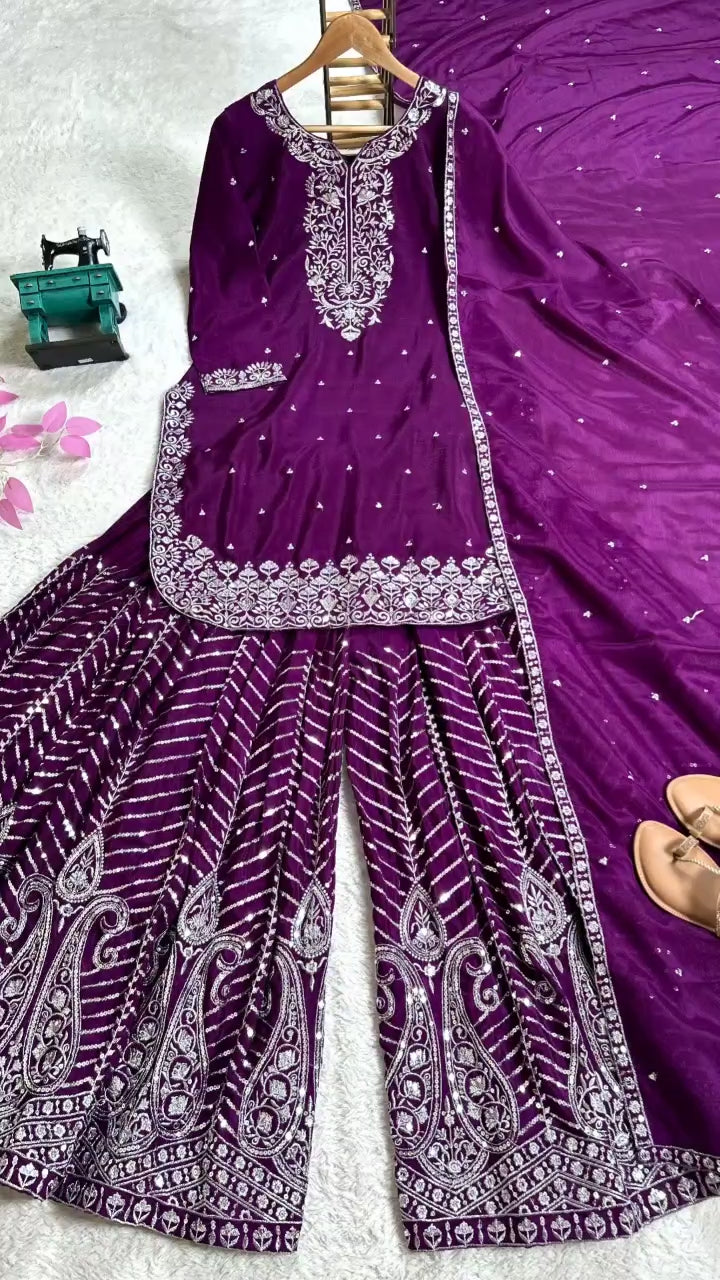 Plum Purple Embroidered Sharara Suit with Dupatta For Festive & Wedding Wear