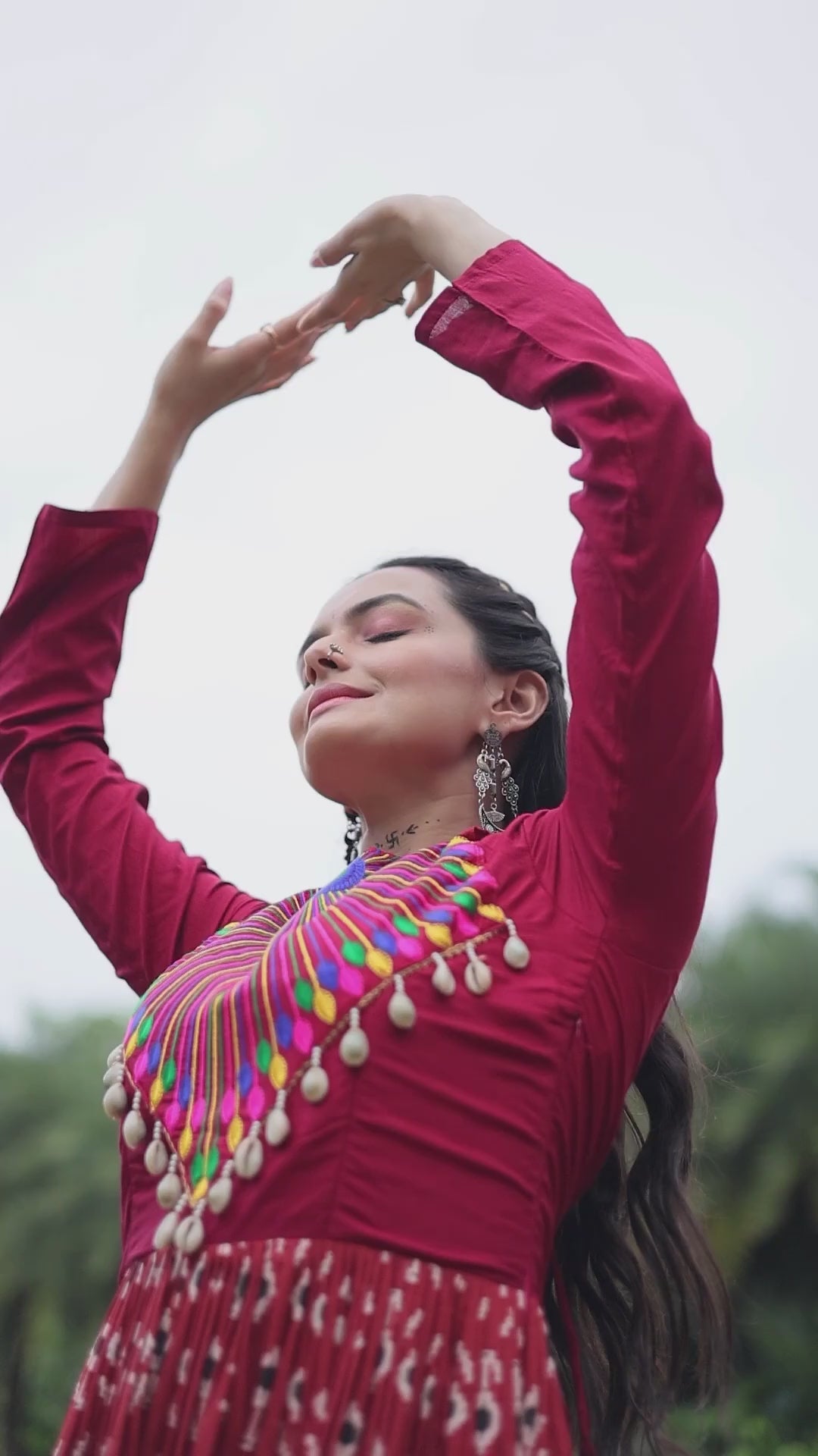 Designer printed maroon gown for navratri night