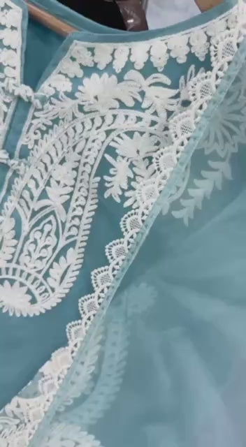 Pastel Blue Chikankari Embroidered Kurta Palazzo Set with Dupatta