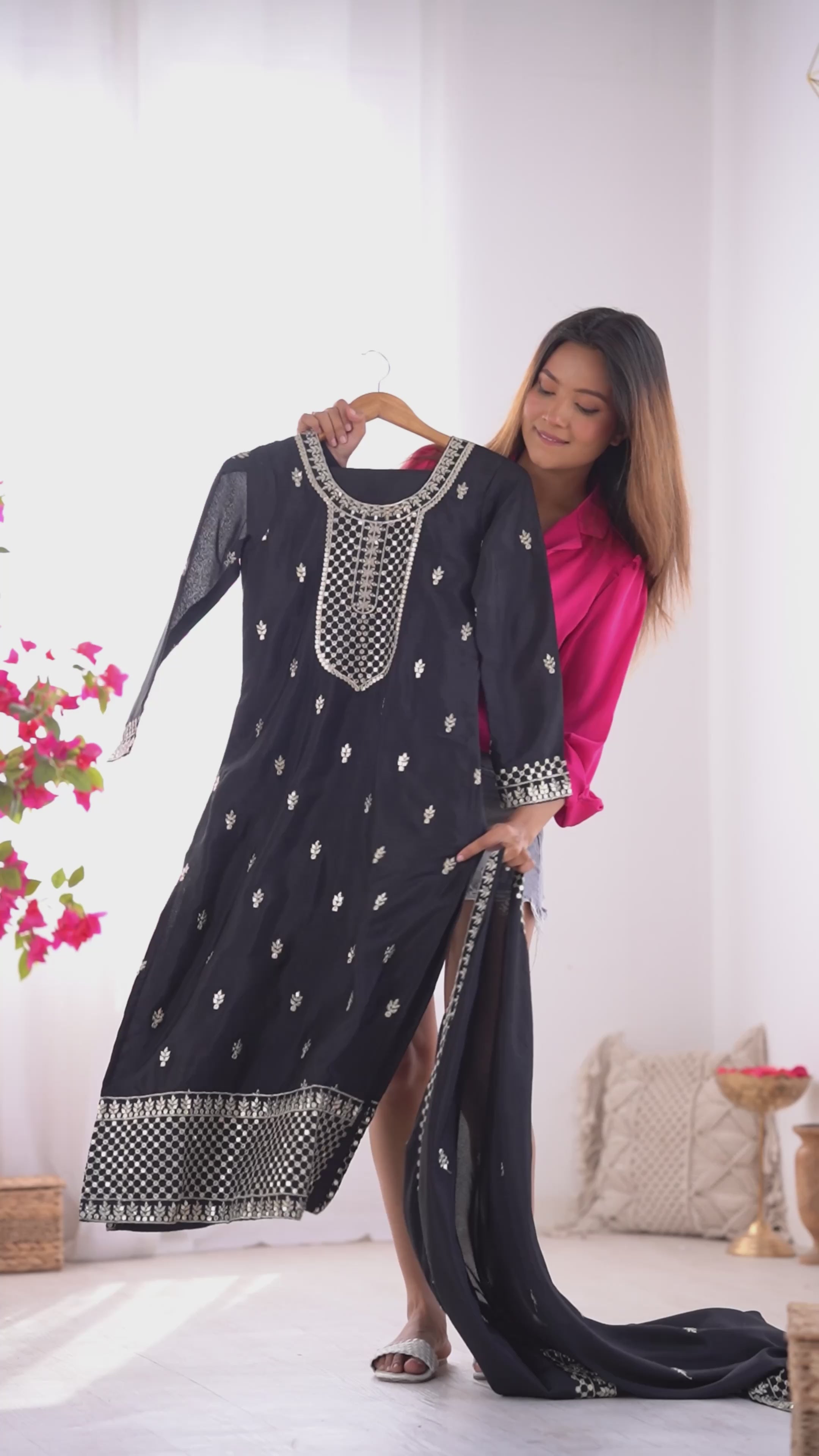 Festive Wear Black Sequins Chinon Silk Palazzo Suit With Dupatta