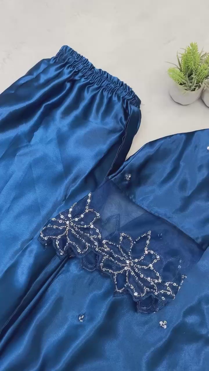 Rose Pink Silk Suit Set with Embellished Neckline & Organza Dupatta