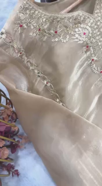 Luxury Champagne Embroidered Suit with Pink Contrast Panels