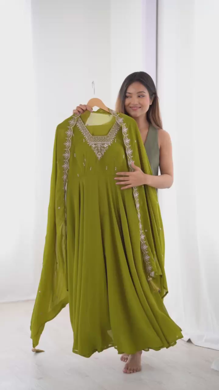 Stunning Mehendi Green Embroidered Georgette Anarkali Suit With Dupatta