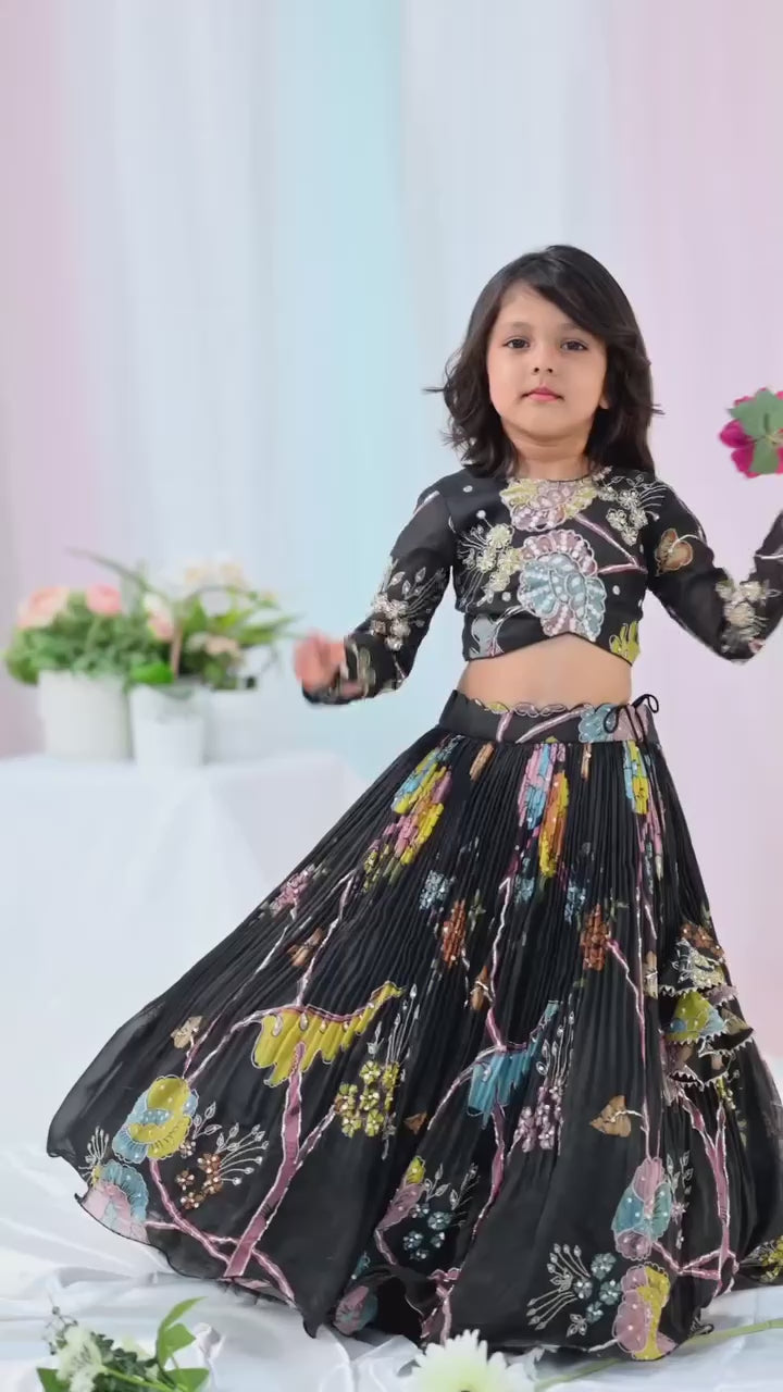 Black Midnight Garden Lehenga Set for Girls