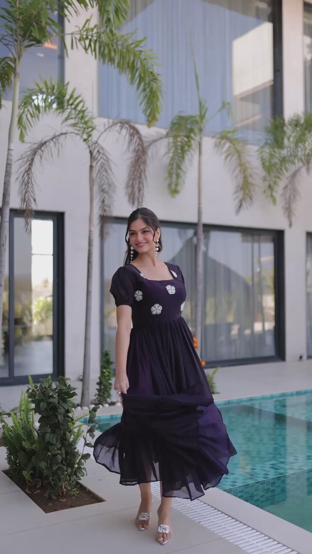 Midnight Plum Embroidered Maxi Dress with Puff Sleeves