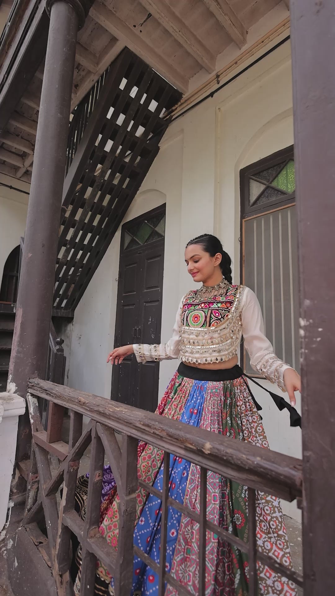 Multicolor Printed & Mirror Work Navratri Lehenga Choli For Festive Garba Outfit