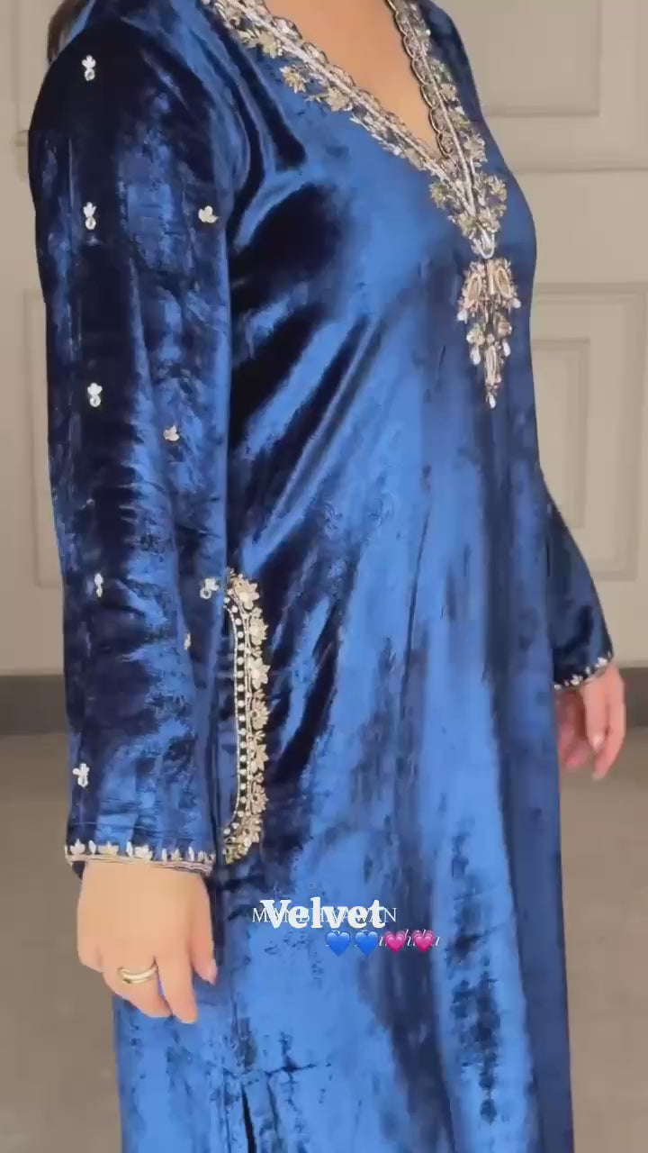 Midnight Majesty Velvet Suit Set with Golden Heritage Embroidery Festive Wear