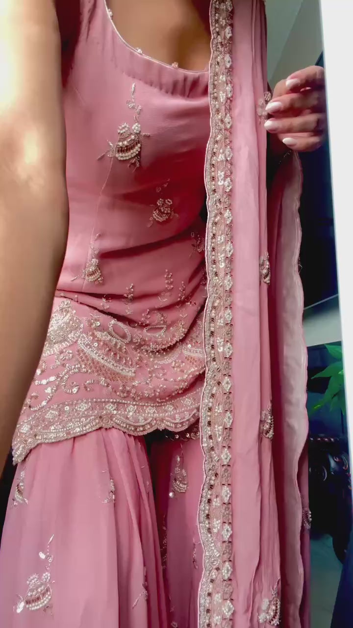 Festive Pink Kurta Sharara Set with Intricate Embroidery Work
