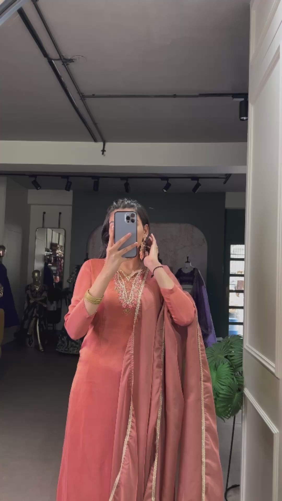 Elegant Peach Indian Kurta Set With Dupatta For Festive Wear