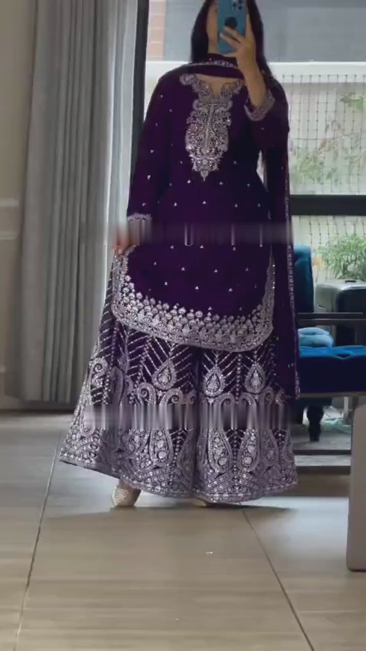 Plum Purple Embroidered Sharara Suit with Dupatta For Festive & Wedding Wear