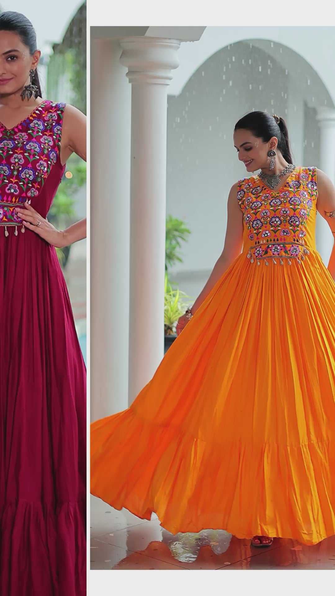 Pretty Maroon Rayon Mirror Work Navratri Special Gown For Women