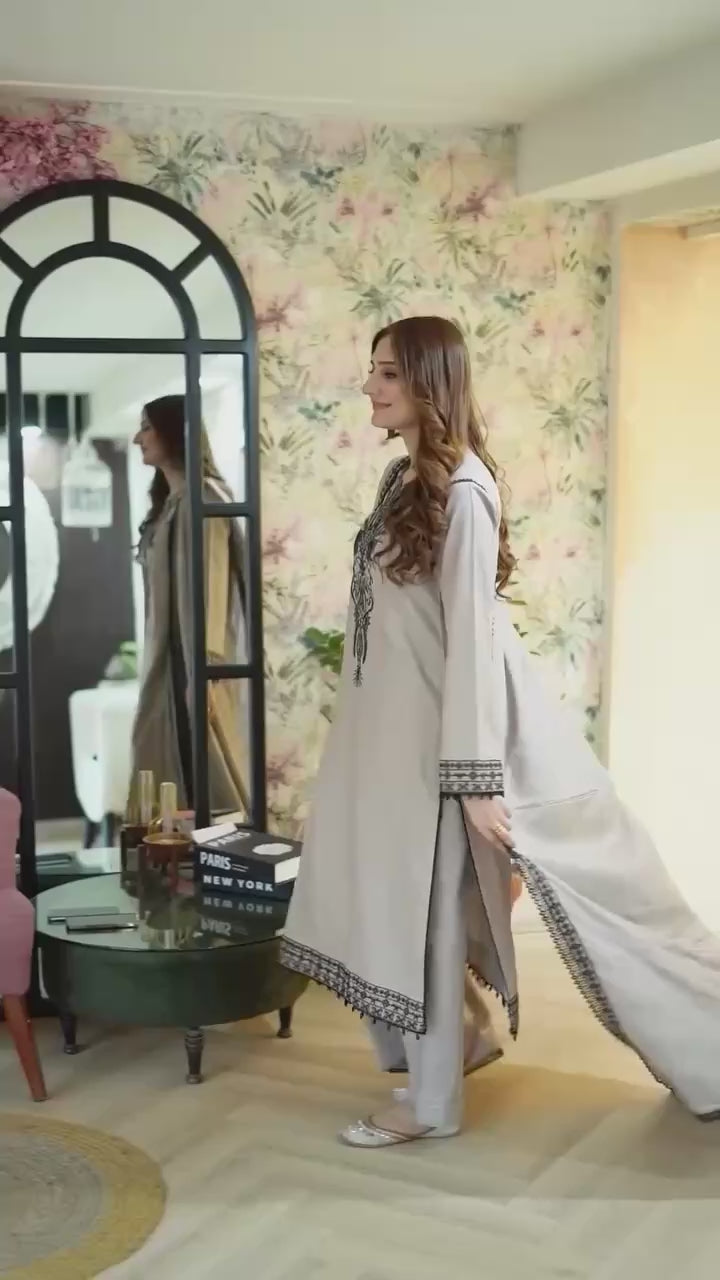 Stylish Grey Embroidered Kurta Pant with Matching Dupatta For Women