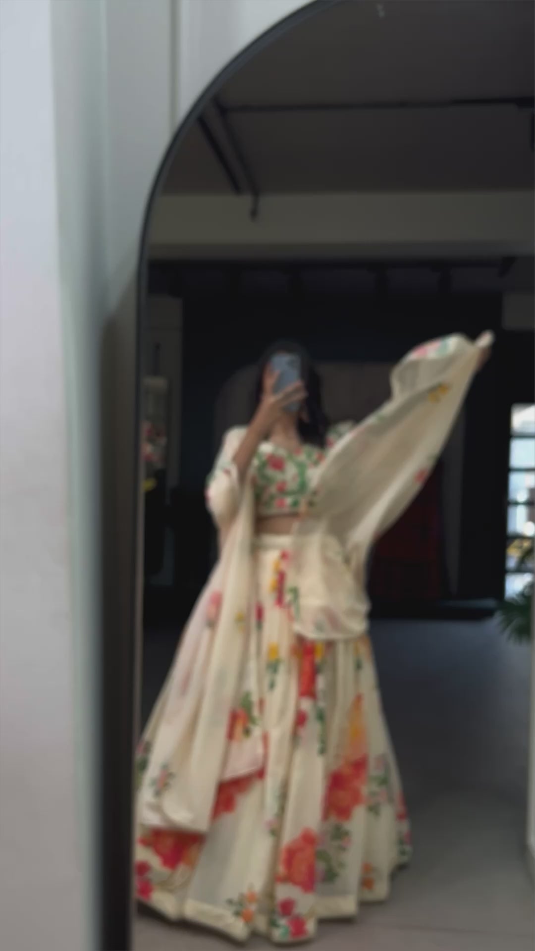 Elegant Floral Print Cream Lehenga Set with Dupatta Summer Festive Wear