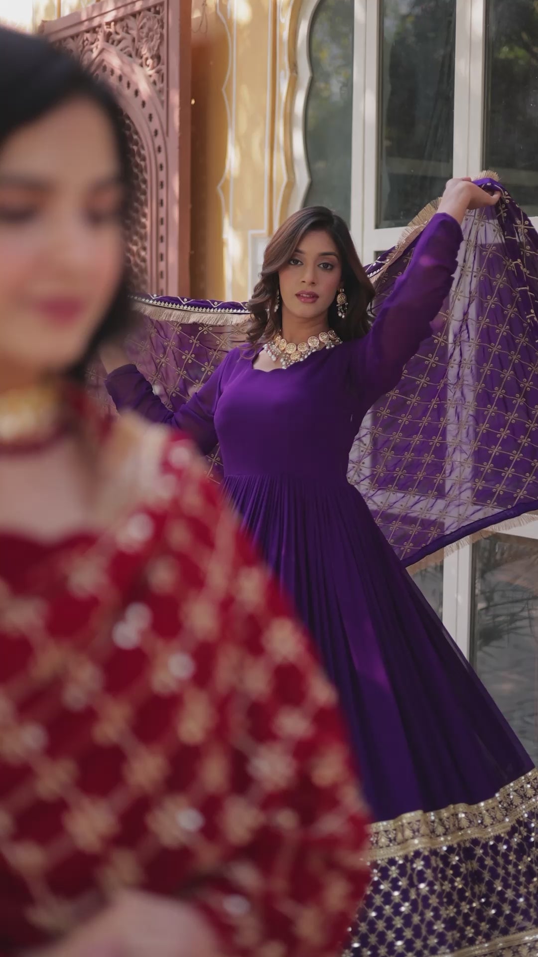 Heavy designed embroidery floral maroon gown