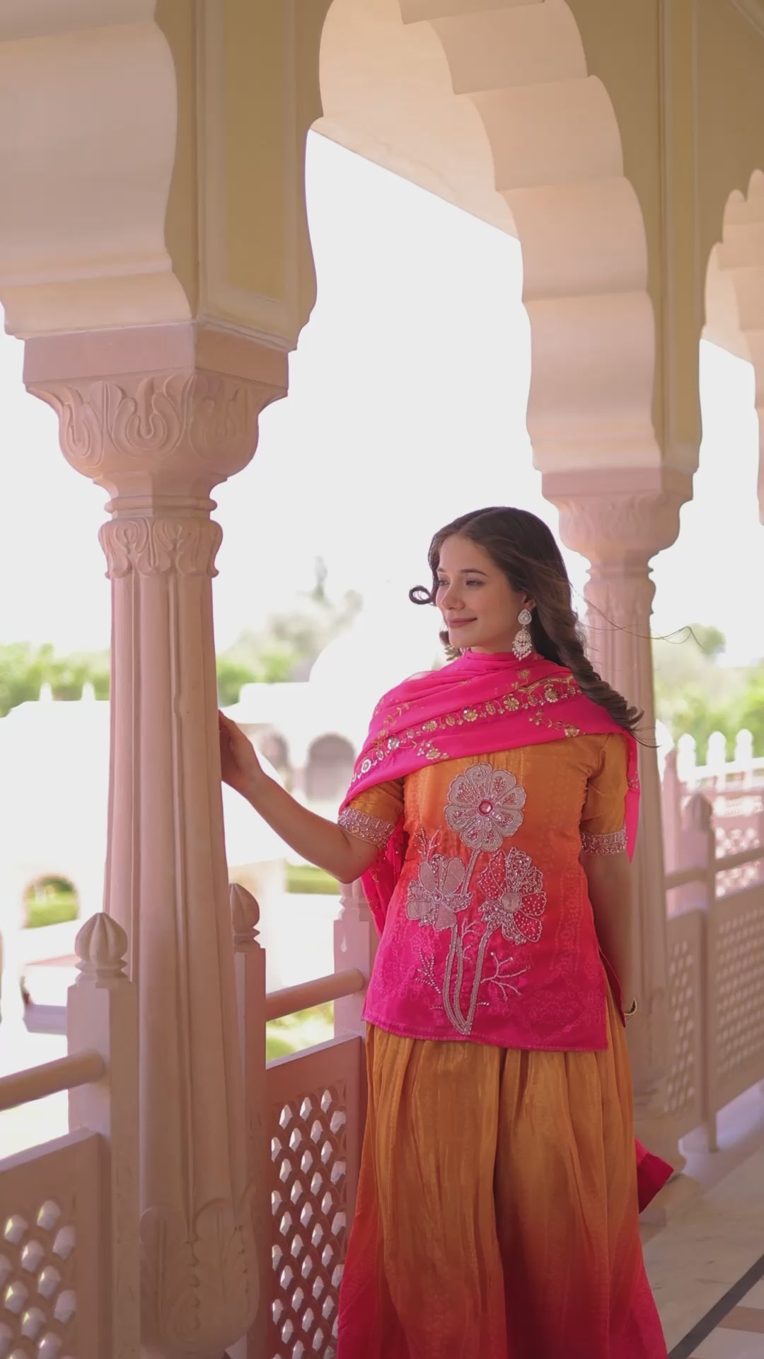 Bright Pink& Orange sharara suit with beads embroidery work