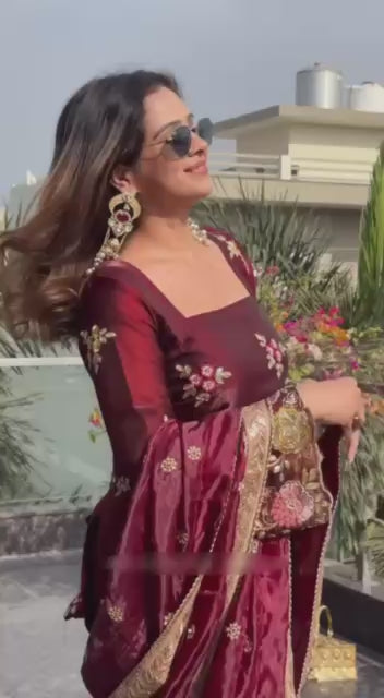 Majestic Maroon Elegance Suit Set with Ornate Floral Detailing