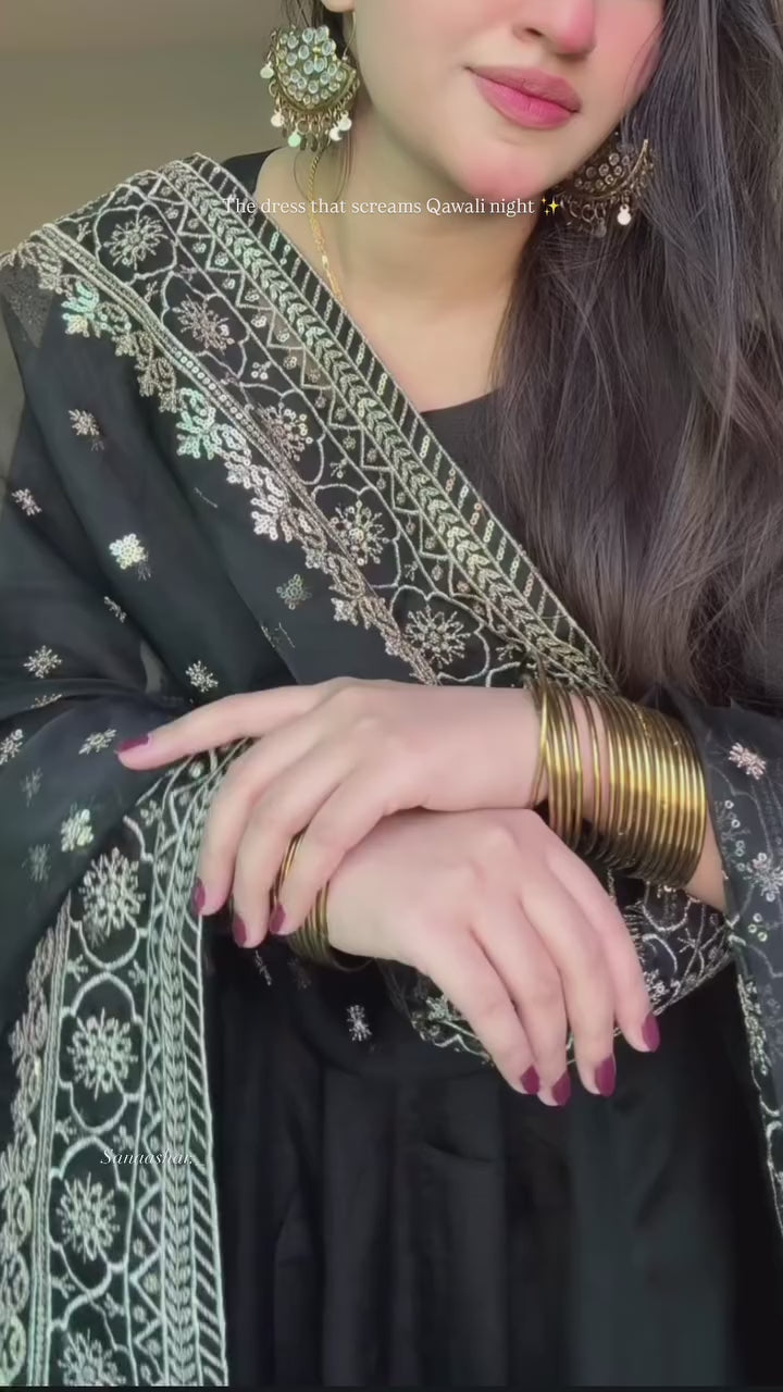 Fabulous Black Georgette Gown with Thread-Embroidered Dupatta