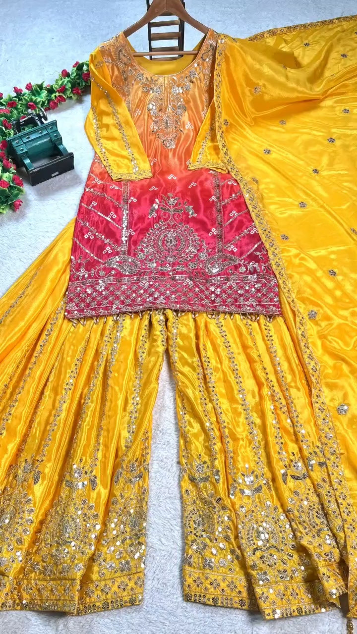 Stylish Ombre Kurta Palazzo Set with Intricate Embroidery