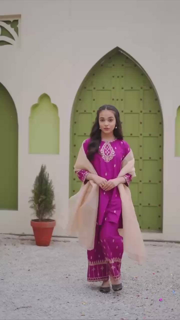 Rich magenta color with golden embroidery Sequence Work kids wear