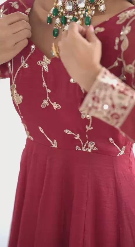 Maroon Embroidered Anarkali Gown with Dupatta For Women Wear