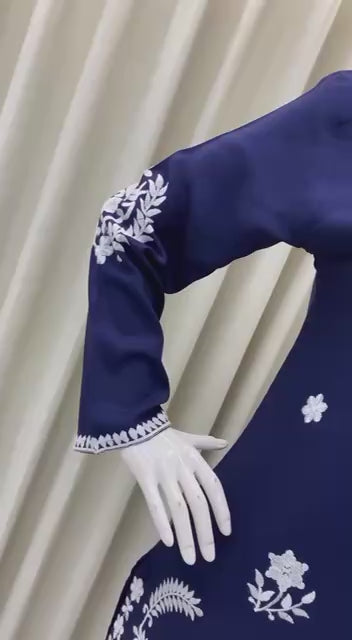 Navy Blue Embroidered Ryon Kurta Set For Women