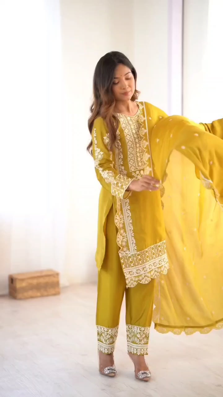 Mustard Yellow Embroidered Salwar Suit with Dupatta For Festive Ethnic Wear