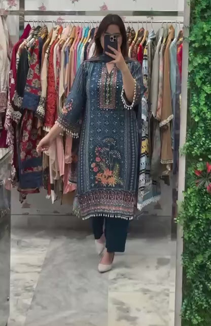 Elegant Blue Floral Printed Cotton Suit Set with Dupatta For Women