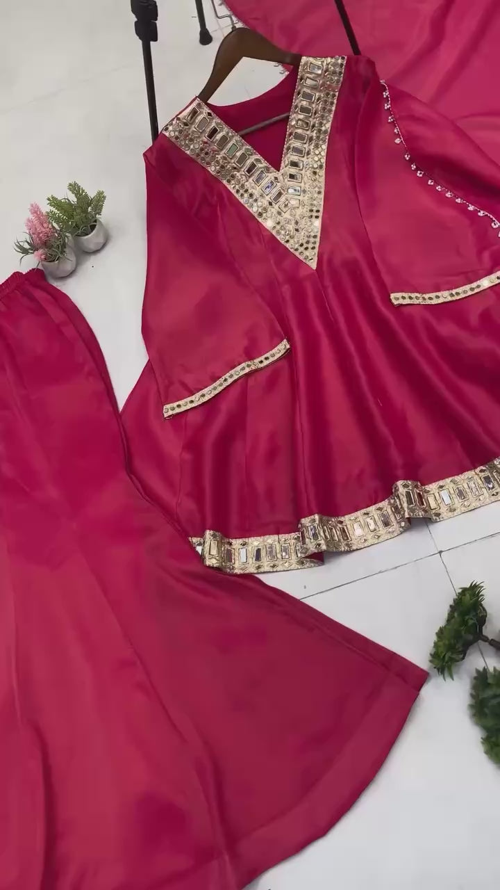 Wedding Special Rani Pink Embellished Plazzo Set For Women
