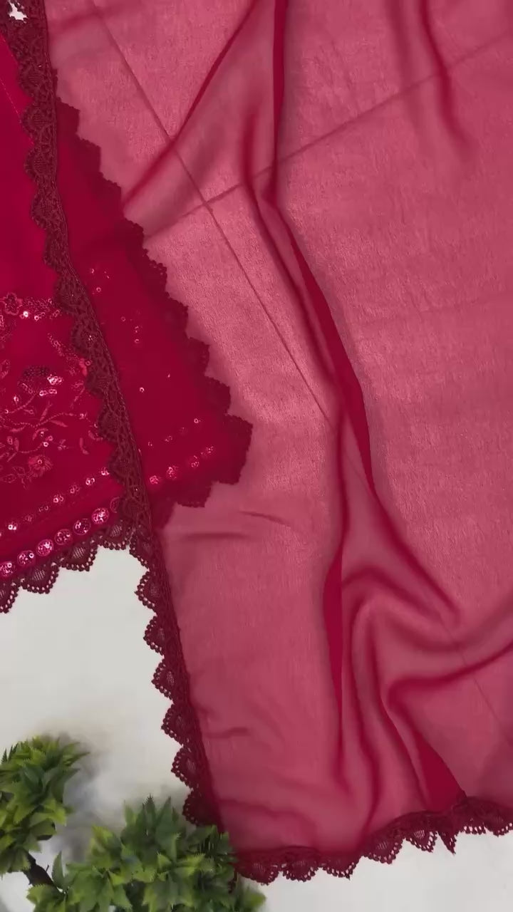 Festive Ready Maroon Sequin Embroidered Suit Set for Women