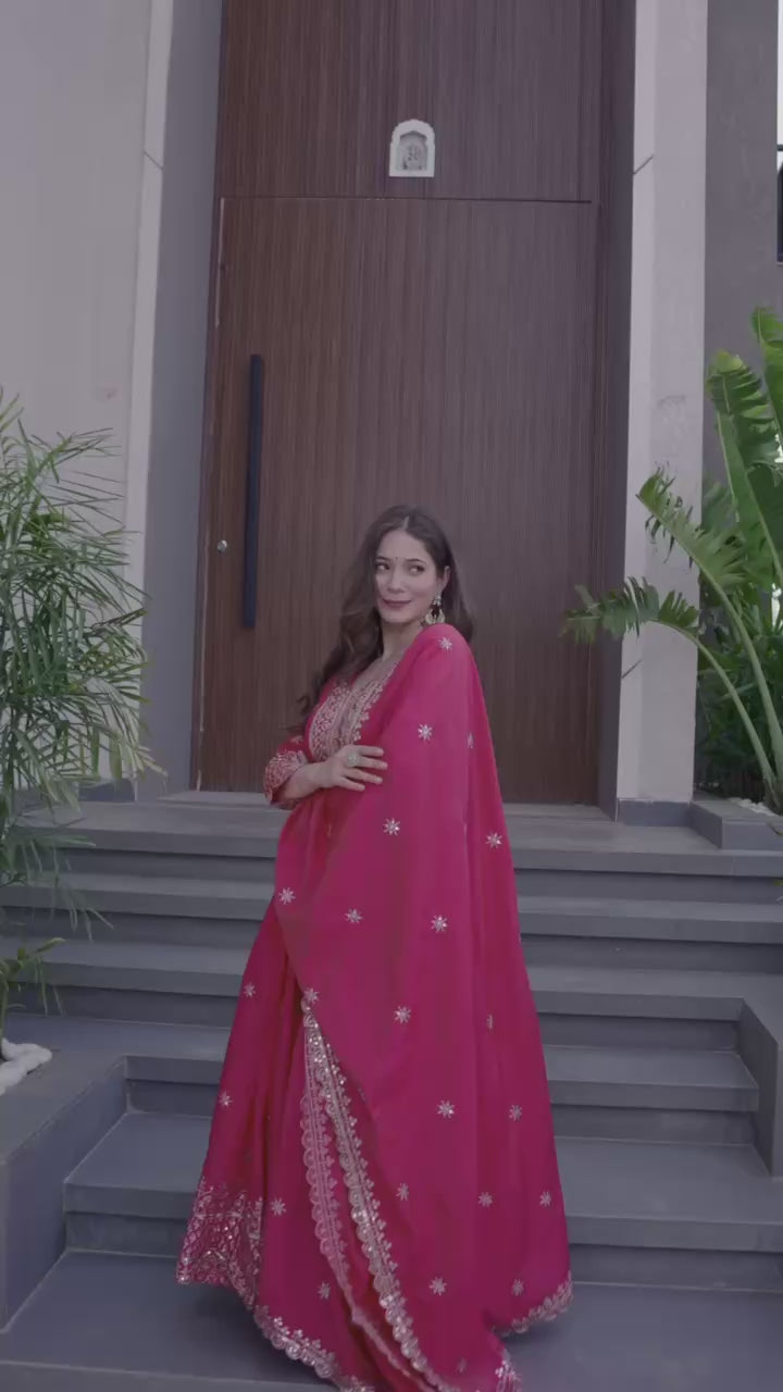 Rani Pink Designer Embroidered Anarkali Suit Set with Dupatta For Women Wear@#$%^&*()12345678