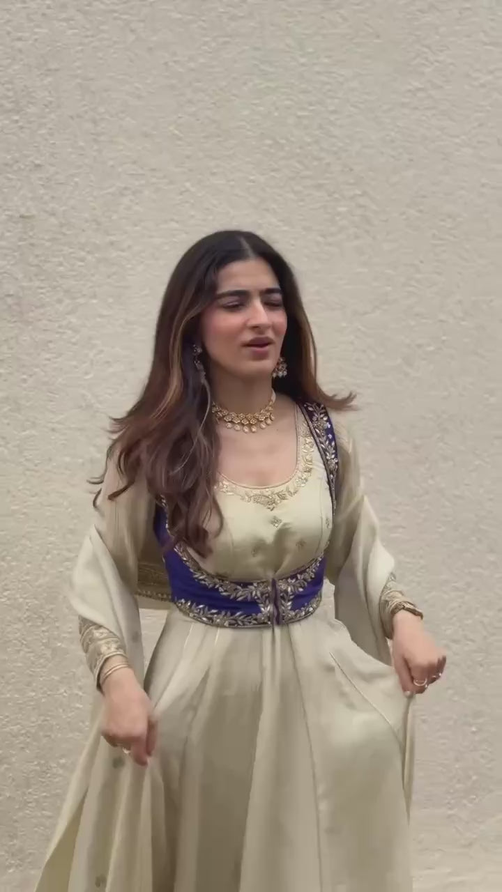 Ivory Anarkali Kurta Set with Royal Blue Embroidered Yoke & Dupatta